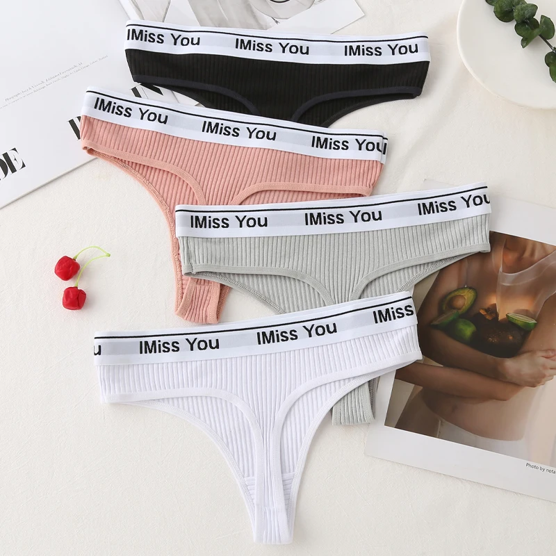 3pcs women's cotton solid color threaded thong letter sexy mid waist women's underwear sports comfort T-back breathable