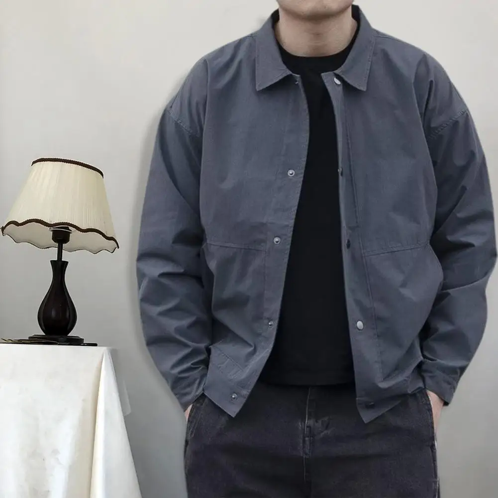 Autumn Winter Men Cargo Coat Solid Color Turndown Collar Windproof Korean Style Relaxed Fit Jacket for Working