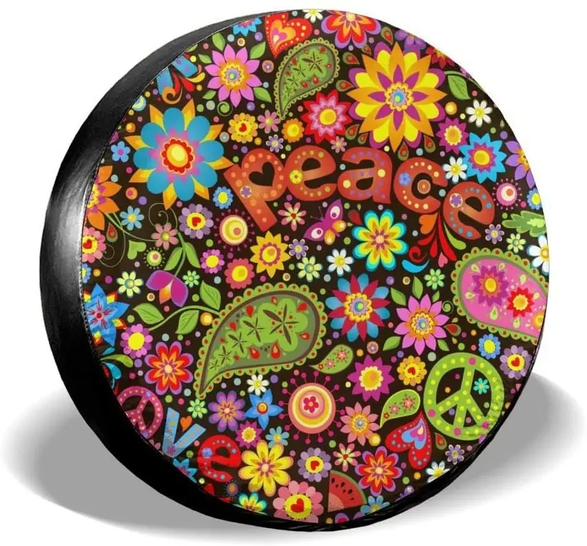 Delerain Hippie Symbolic Colorful Floral Spare Tire Covers Waterproof Dust-Proof Spare Wheel Cover Universal Fit for , Trail