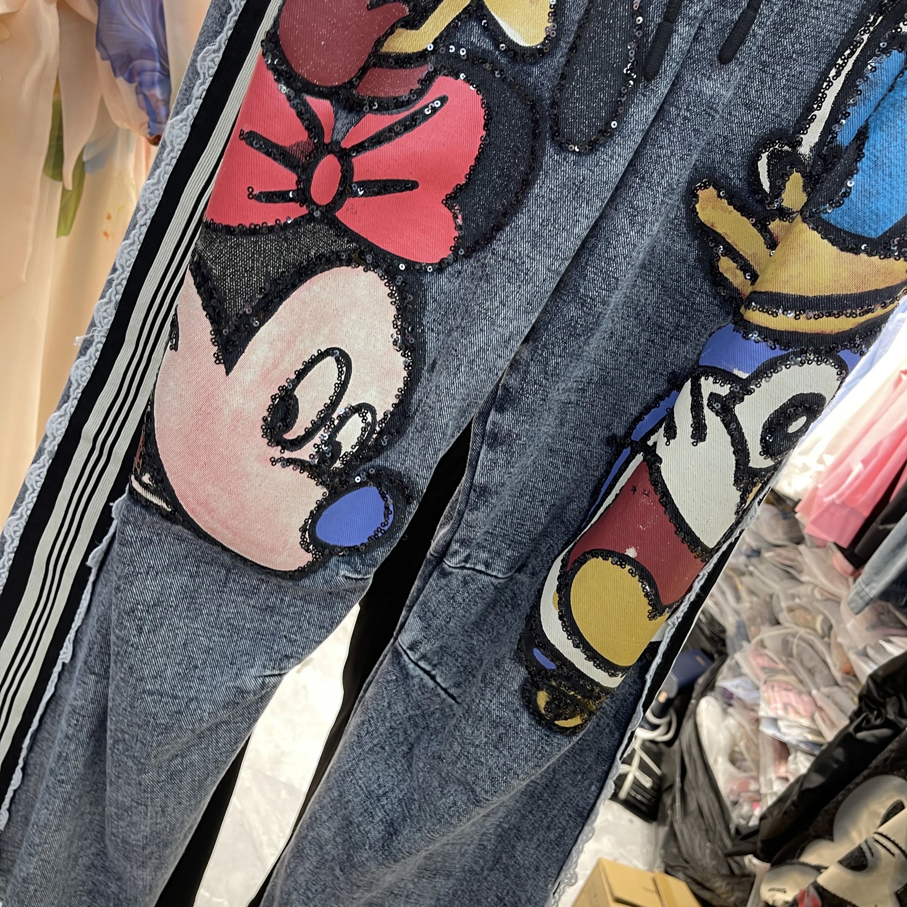 2025 Spring New Korean Style Cartoon Print Loose Elastic Waist Jeans for Women with Sequins Harem Pants Straight Trousers