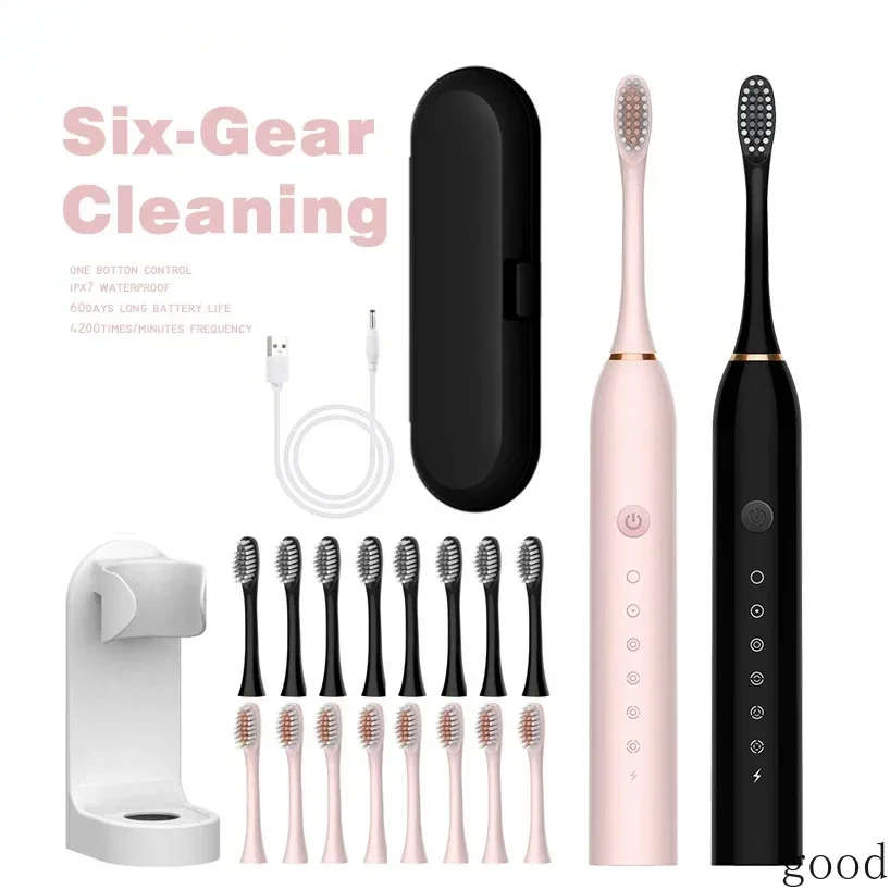 Brosse à dents électrique sonique puissante, 6 vitesses, USB, étanche, intelligente, Rechargeable, lavable, 8 têtes de brosse, blanchiment