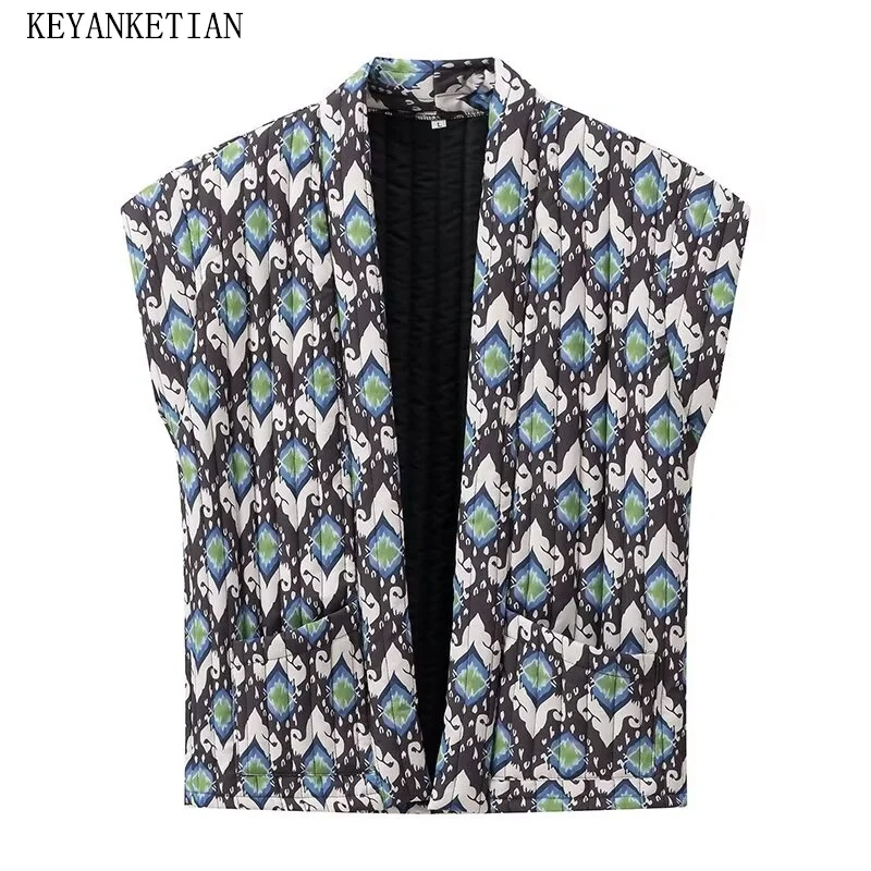 

KEYANKETIAN 2024 New Launch Ethnic style Print Quilting Waistcoat TOPS Women's Retro Double Pockets Thin Loose sleeveless vest