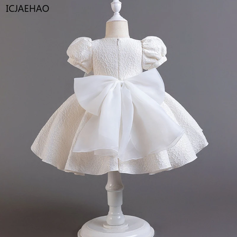 ICJAEHAO Puff Sleeve Princess Outfit Super Pearl Bow Girl Dress Jacquard Flower Infant Gown Party Matching Kid\'s Clothes 1-6 Y