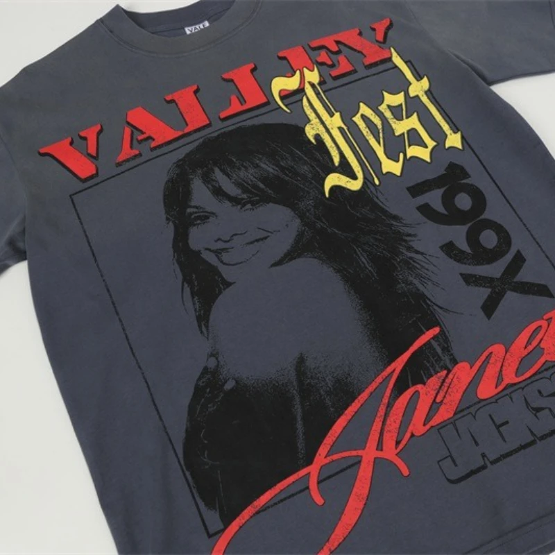 

Певица с принтом VALLEY, американская уличная одежда с короткими рукавами, мужские и женские футболки из чистого хлопка, стираные Vale