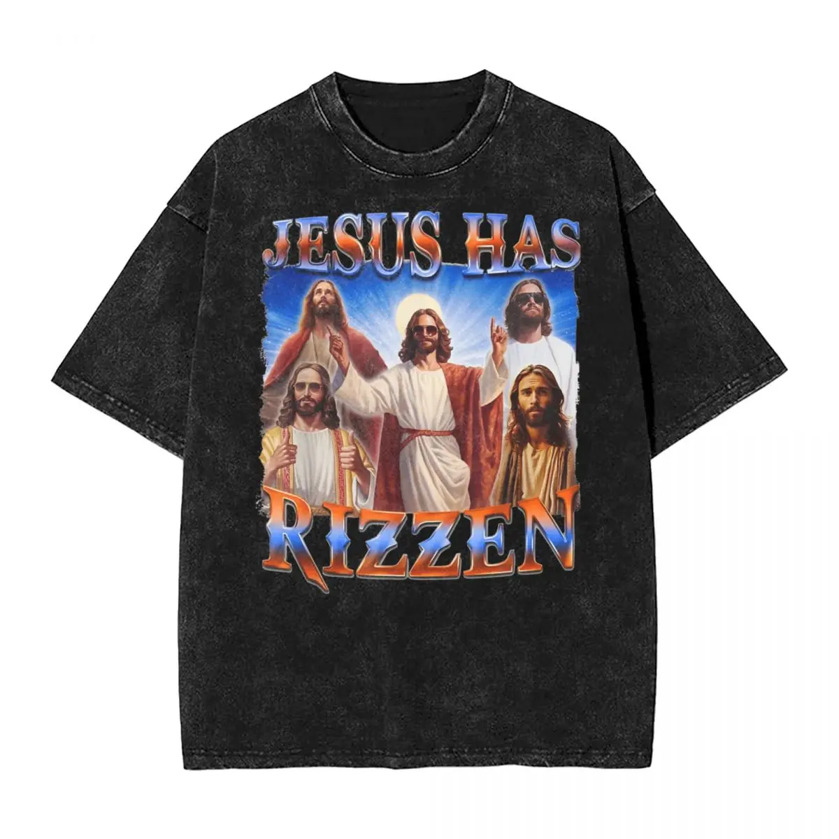 Washed T Shirts Jesus Has Rizzen Hip Hop Cool T-Shirts Harajuku Christian Religious Streetwear Cotton Tops Tees for Men Women