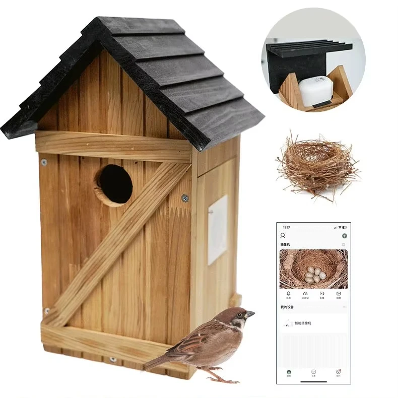 

*e dSmart Bird Feeder With Camera Solid Wood Visual Birdwatcher Automatic Bowl Feeder Small Animal Pattern Birds Cage d Rabbit&