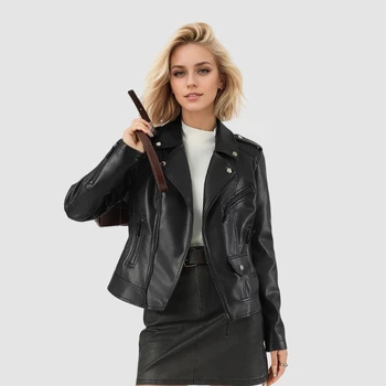 Chaqueta De Piel Sintética Finas De Imitación Para Mujer, Abrigo Punk Holgado Con Cuello Vuelto Para Mujer, Remache De Motociclista Con Cremallera, Abrigo De Calle Para Otoño Comprar A Buen Precio