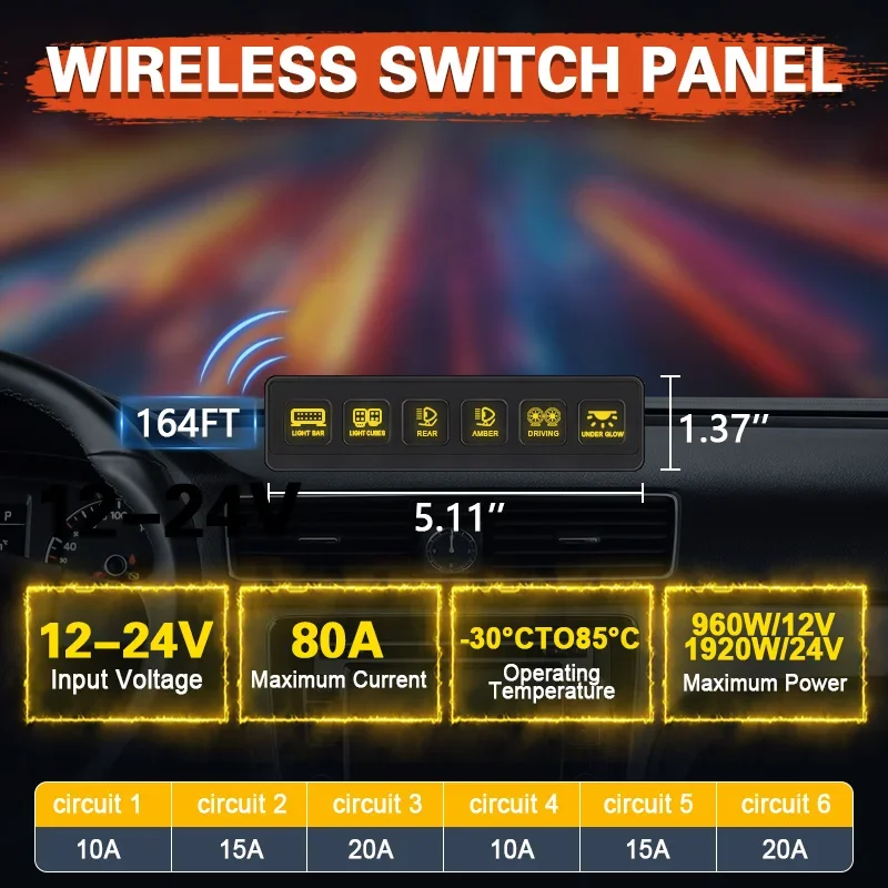 Universal 6 Gang Wireless Switch Panel Auxiliary Car Swtich Panel Toggle/Momentary/Flash/Strobe 12V 60A ON-OFF Relay Switch Box
