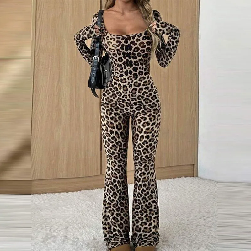 

Fashion Square Neck Hight Street Jumpsuit Women's Casual Long Sleeve Slim Fit Long Romper Elegant Leopard Print Party Playsuits