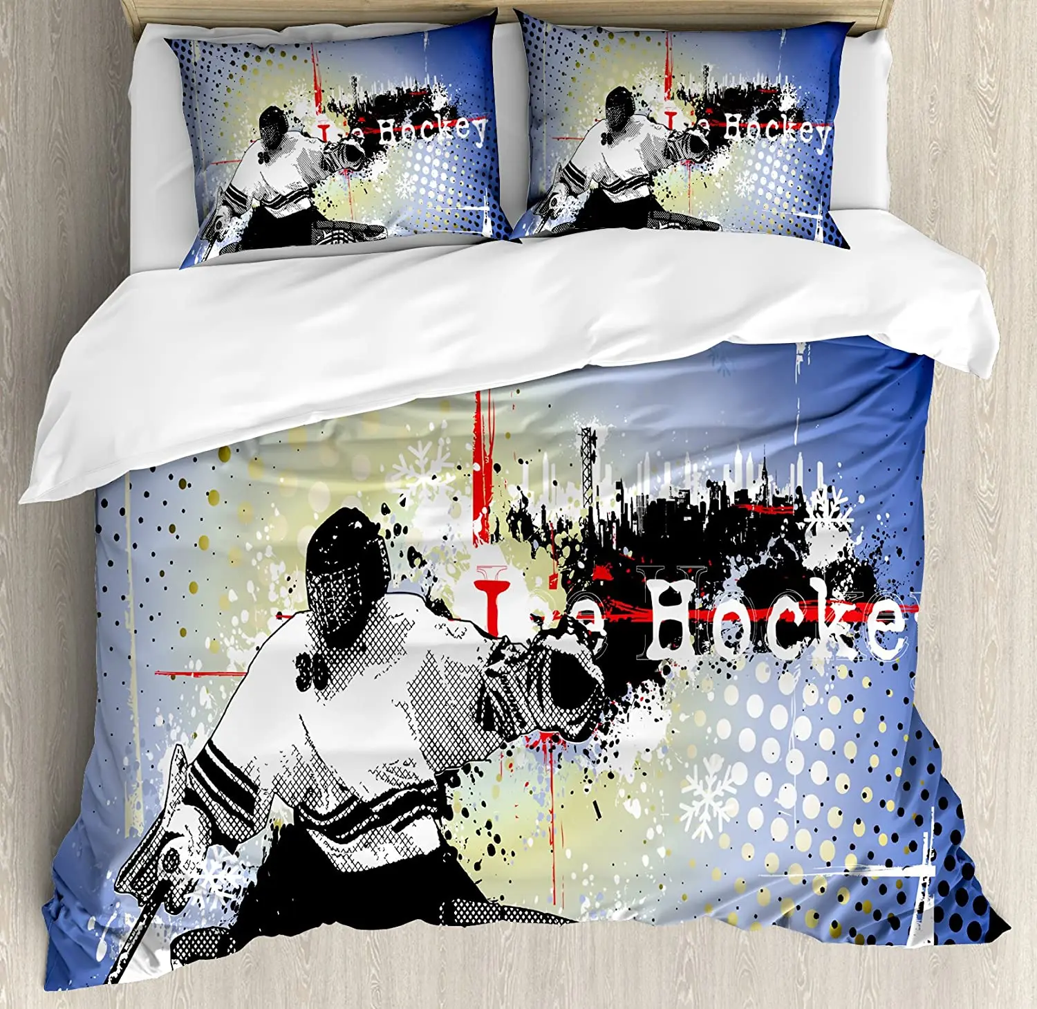 

Hockey Bedding Set For Bedroom Bed Home Retro Halftone Style Backdrop with Player Figure Duvet Cover Quilt Cover And Pillowcase