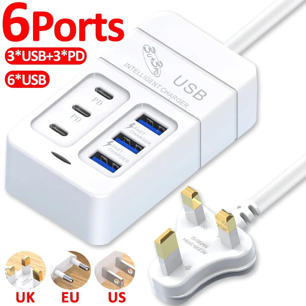 6Ports Multiport Power Strip EU/US/UK Plug Extension Cord Electrical Socket 6USB/3USB 3Type C PD Quick Charging Plugs Adaptors