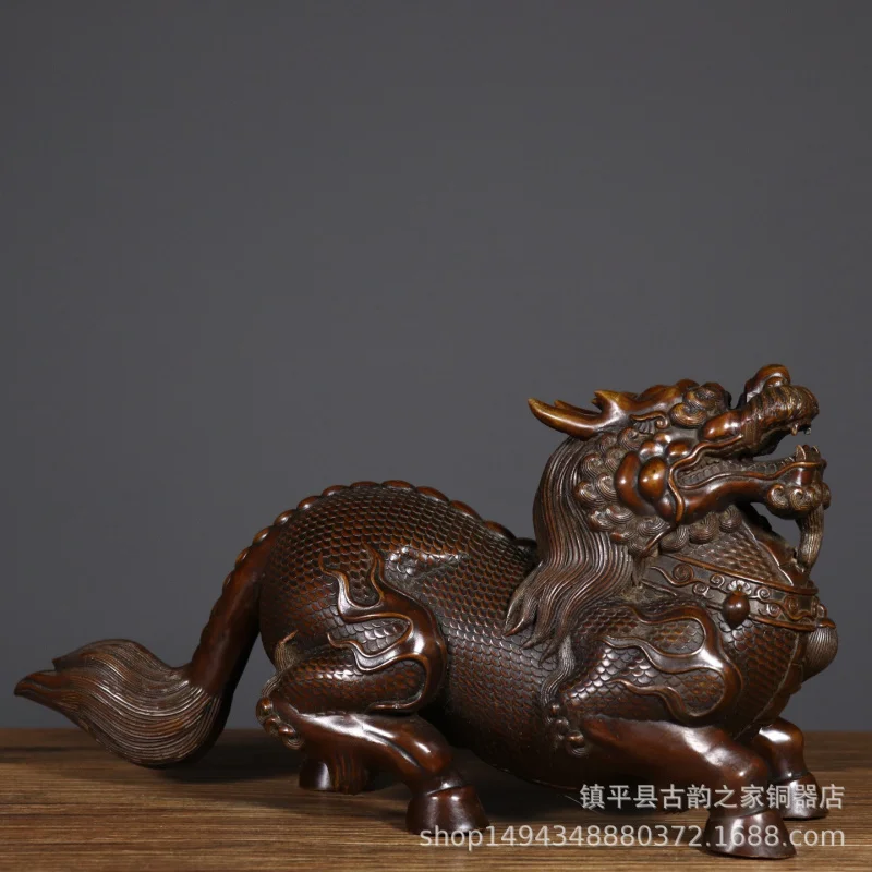 Pure Copper Antique Retro Distressed Ornament Brass Auspicious Beast Qilin Office Living Room Shop Decoration