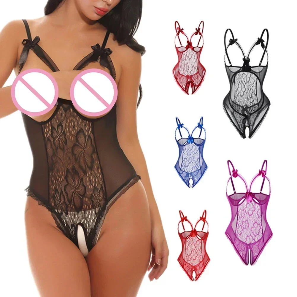 

Women's Sexy Lingerie Jumpsuit Suspenders Lace Temptation Open Crotch Hollow Out Slim Female Bodysuits Tights