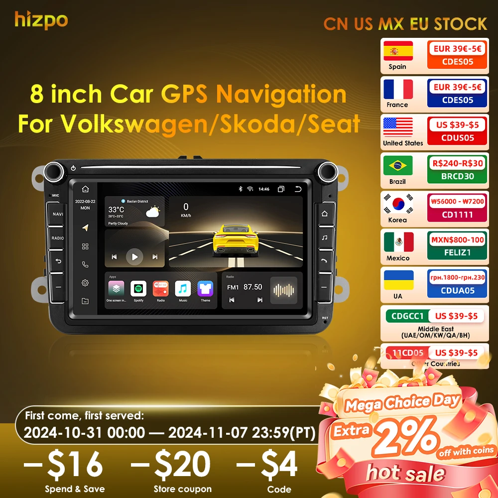 

Hizpo 8 "2 Din Android Авто Радио GPS 4G WiFi Carplay Для VW/Volkswagen Skoda Octavia golf 5 6 Touran Passat B6 Polo Jetta