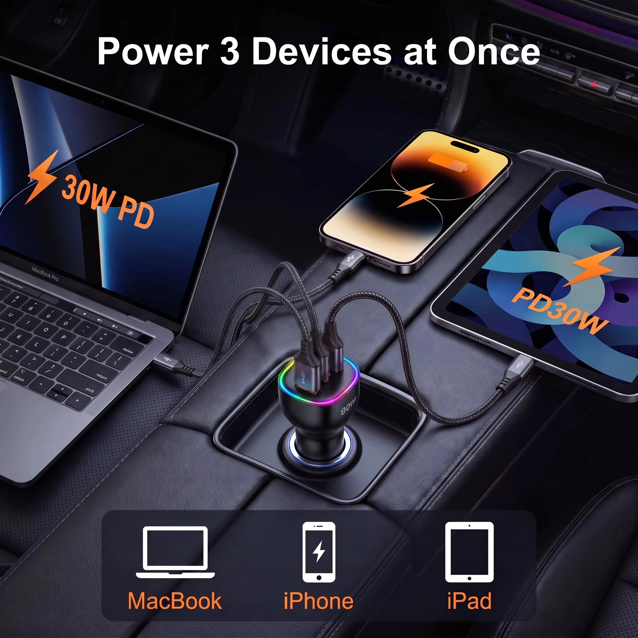 90W USB-C Auto-Ladegerät mit Mehrfachanschlüssen, Dual PD 30W Superschnelles Ladeadapter für iPhone 17 16 15, MacBook, Samsung und Android-Telefone – Detail 4