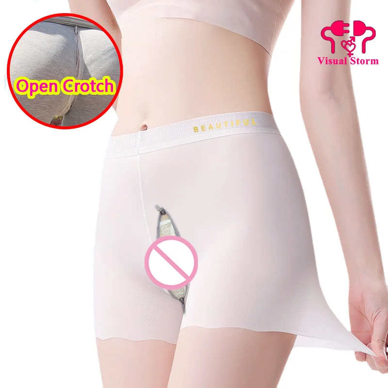 Women Hollow Open Crotch Lingerie Thin Breathable Summer Shorts Mini Leggings Invisible Zippers Crotchless Boxers Club Hot Pants