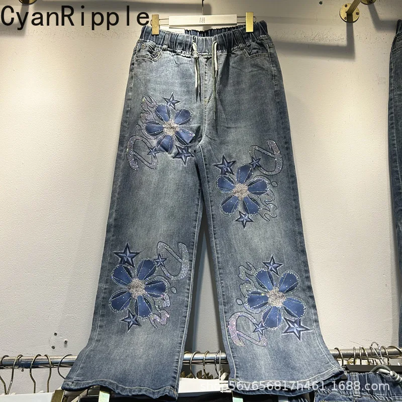 Fashion Lady New Spring Summer Long Denim Trousers Shiny Hot Drilling All-match Elastic Waist Floor-length Casual Straight Jeans