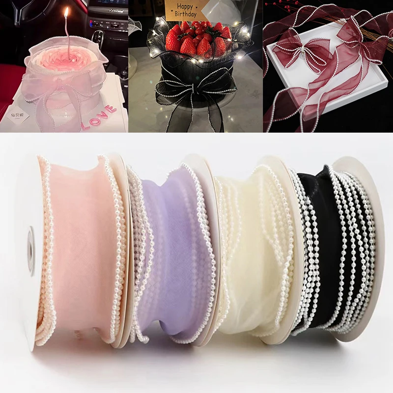 5M Wrapping Ribbon Pearl Fishtail Gauze Silk Ribbons Bouquet Packaging Material Baking Lace Ribbon Wave Chiffon Yarn Gift Strap