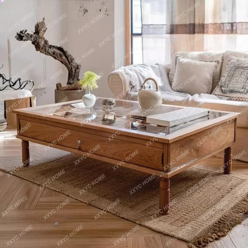 XX simplicity, solid wood coffee table, quiet wind B & B tea table, Chinese retro, glass storage table