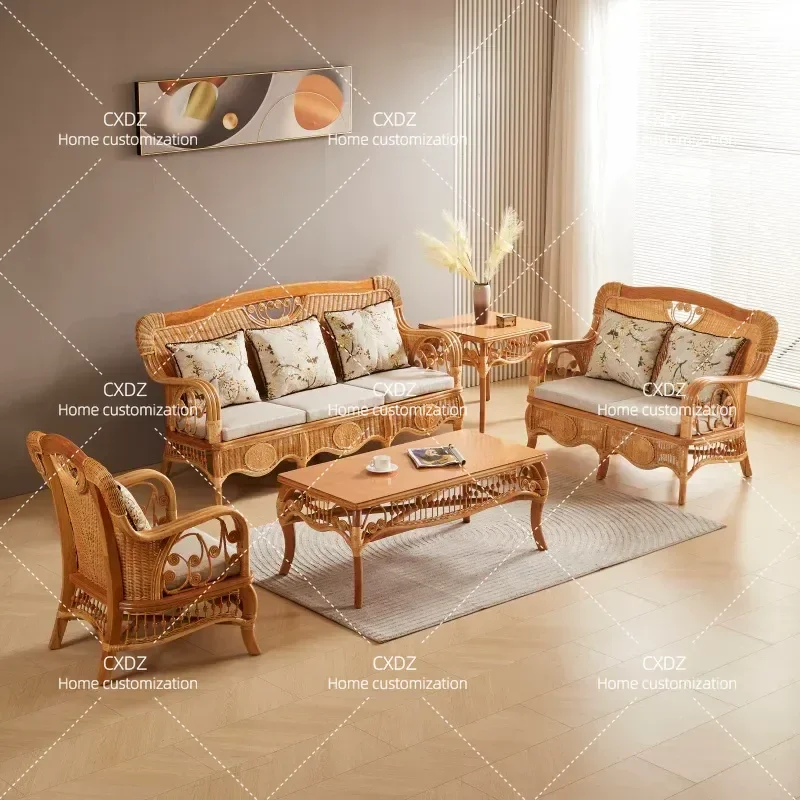 Natural Rattan Sofa Set Bamboo Wood Frame 3 Seater Couch Living Room Furniture Handwoven Wicker Chair Combination for Home