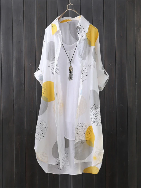 Damen Loose Long Sve Bedruckte irt Frühling Sommer UV-Schutz Casual Sle Polyester Stoff Mittellange Oberbekleidung