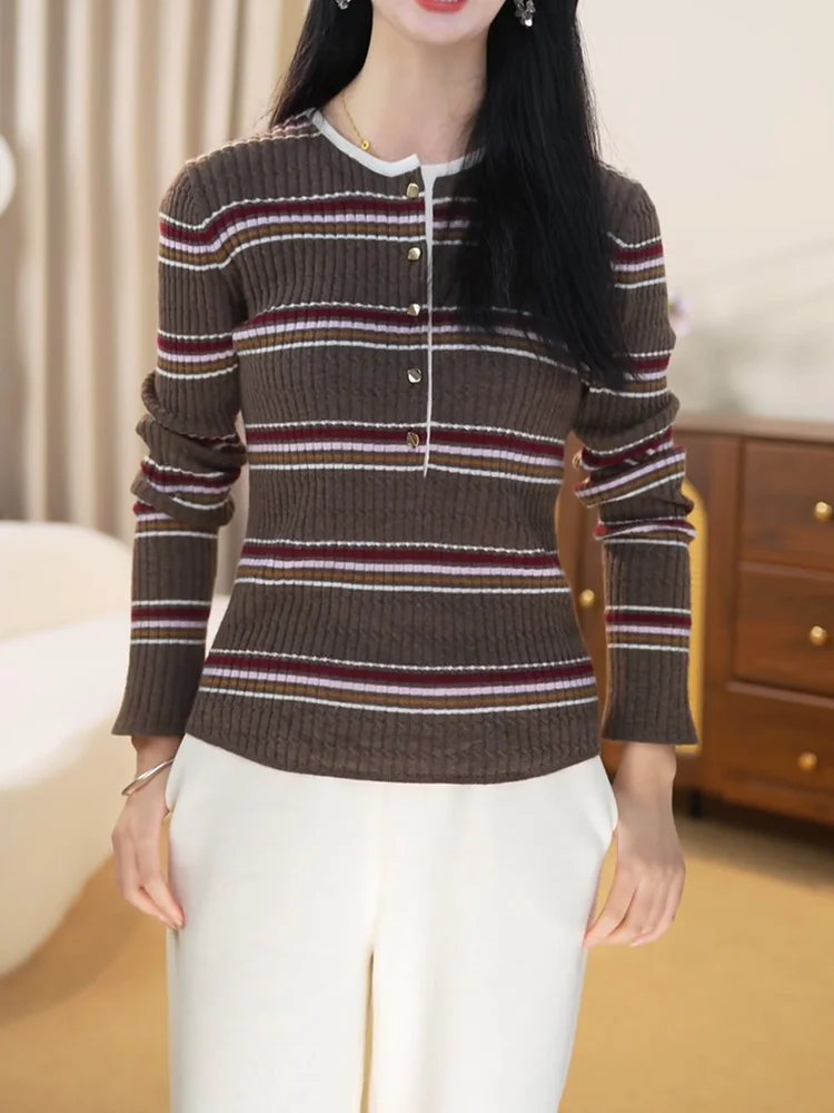 

Retro Striped Color Blo Knitwear Slimming Faionable Versatile Inner Wear Autumn New Arrival plus Size Camere Sweater