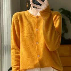 Spring Autumn Women Hollow Cardigan Knitwear 100% Merino Wool Tops O-neck Long Sleeve Women Sweater Korean Popular Clothing Tops