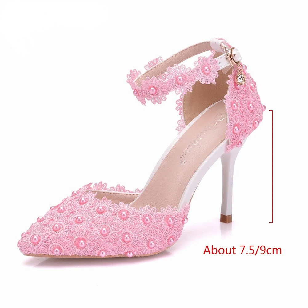 Wedding Shoes Bride White Wedding Shoes Female High Heels Ankle Strap Pumps Women Shoes Rhinestone Lace High Heels Party Shoe#42