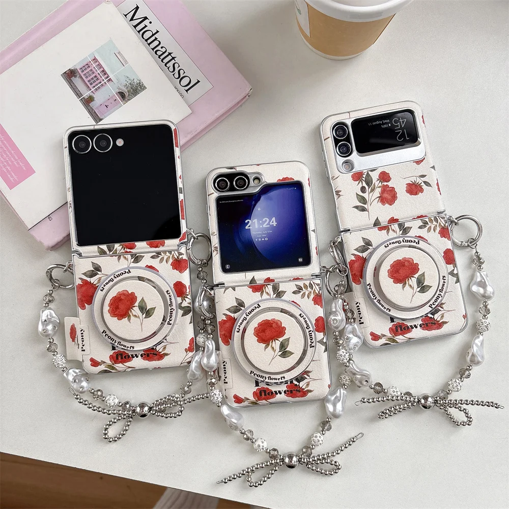Retro Floral Rose Phone Case With Grip Stand Bow Silver Wrist For Samsung Z Flip8 Flip7 Flip6 Flip5 Flip4 Flip3 Foldable Shell