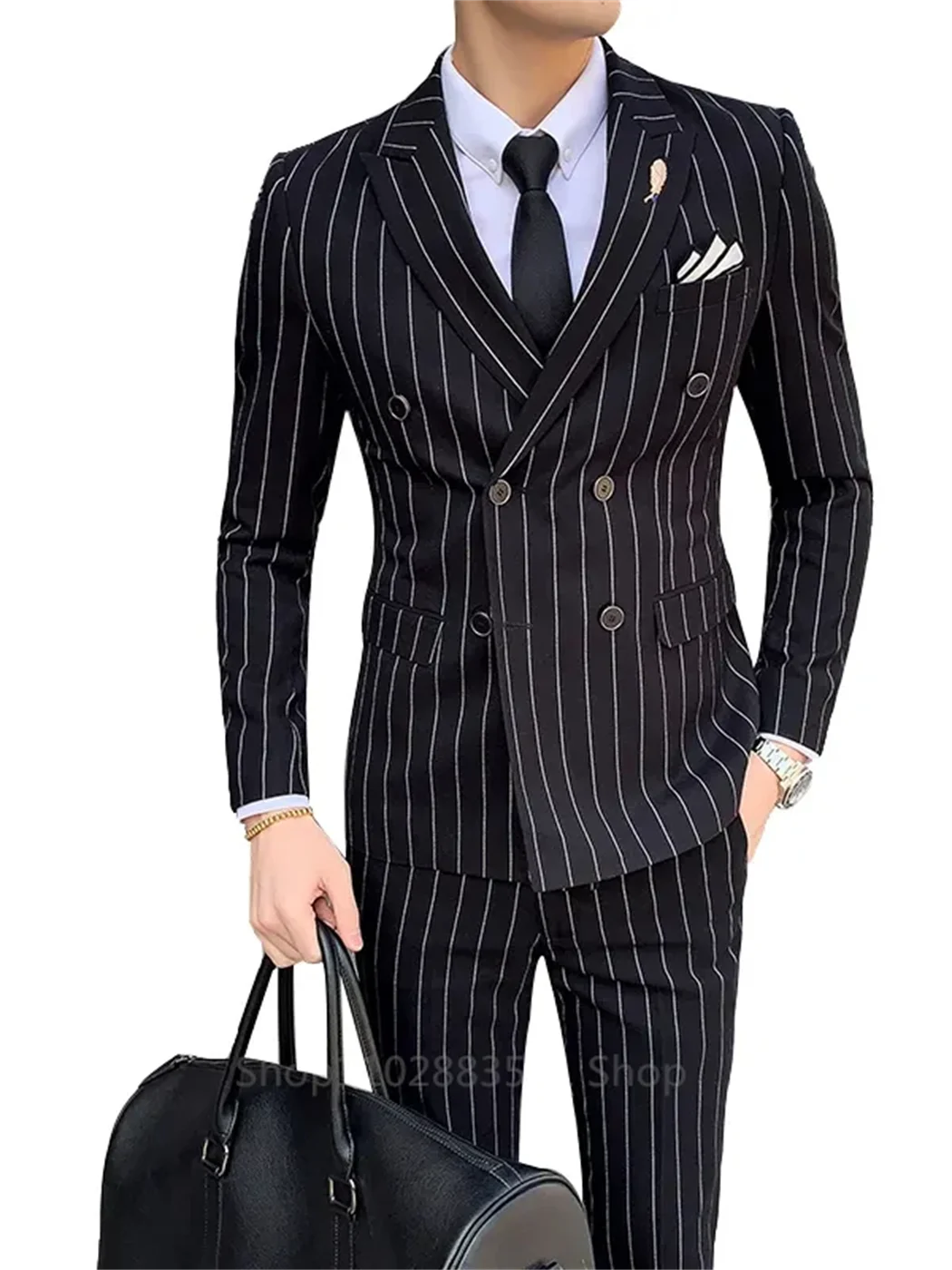 2 Pieces Vertical Stripe Men\'s Suit Homme Slim Fit Business Korean Edition Double Breasted Suit Wedding Banquet Set of