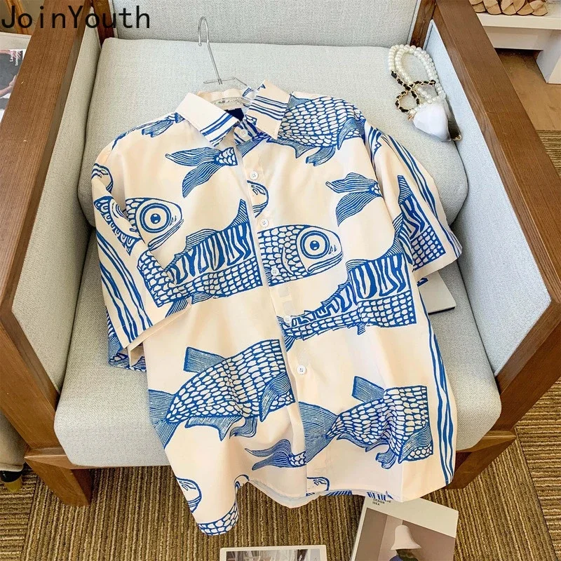 Fashion Shirts 2023 Women Tops Y2K Clothes Streetwear Vintage Blouses Cartoon Print Oversize Shirt Short Sleeve Woman Man Blouse