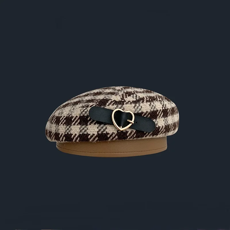 

Women's Autumn Winter Love Button Wool Plaid Beret Hat Warm Temperament Retro Versatile Artist Hat