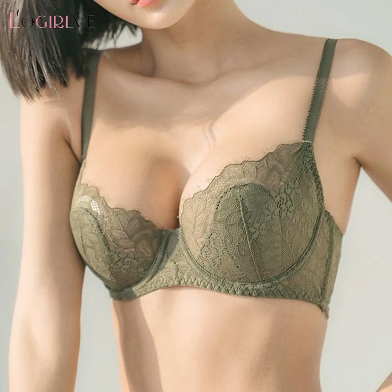 Logirlve Bras Green Underwear Set Ultrathin Brassiere Embroidery Transparent Sexy Lace Lingerie Women Bra Set Plus Size C D Cup