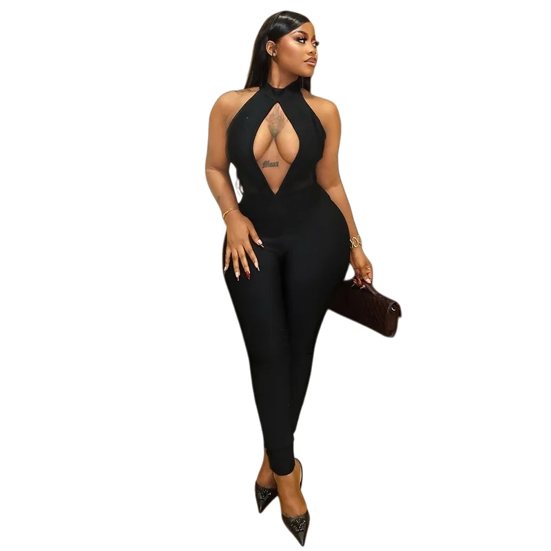 

Women's Turtleneck Buttons Sleeveless Hollow-Out Backless Low-Waist Gauze Spliced Jumpsuits, Solid Color, Sexy