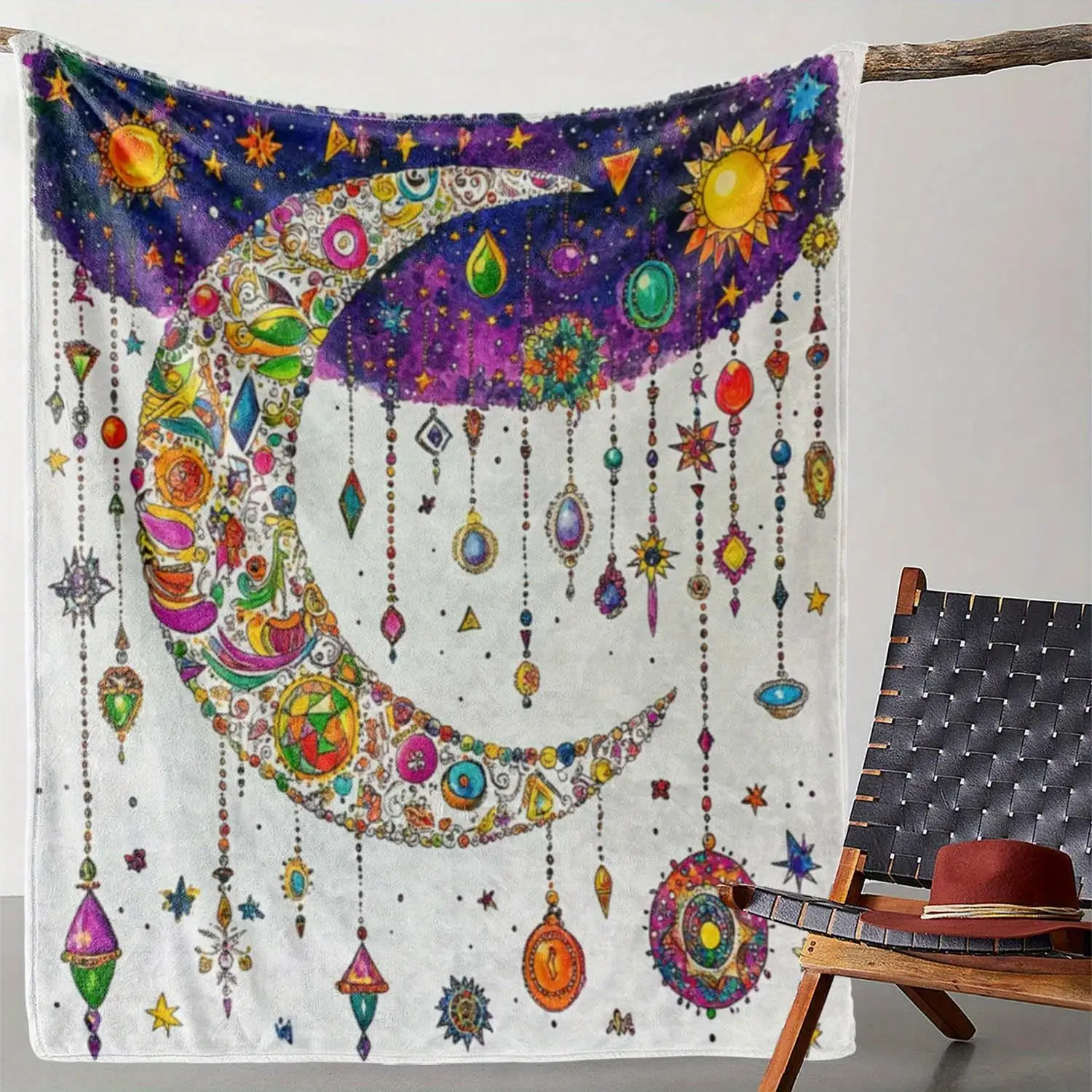 280gsm Luxurious Moon & Celestial Throw Blanket - Plush Soft Polyester with Gemstone-Adorned Stars, Planets & Zodiac Signs (Diam