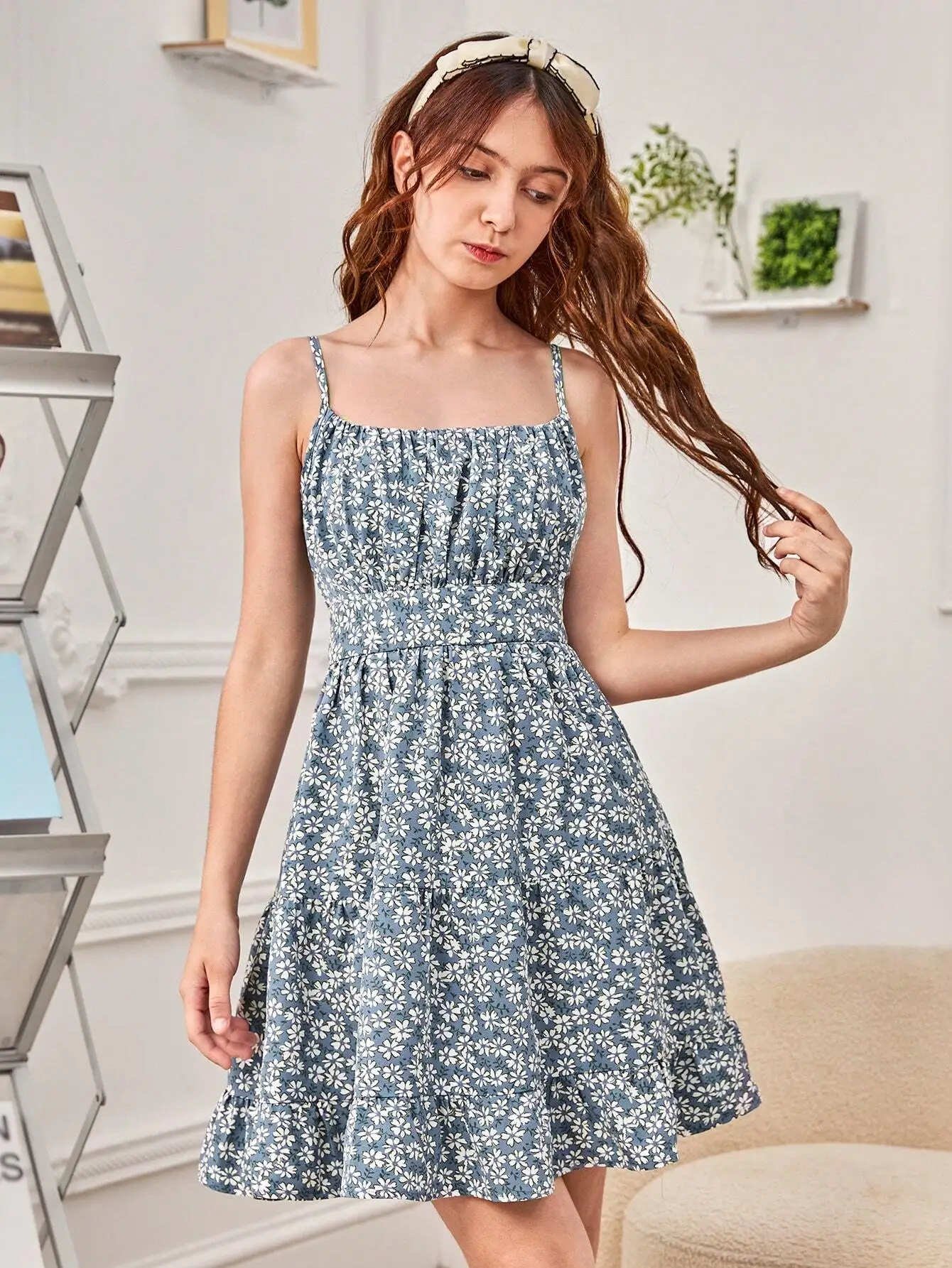 Teen Girl  Floral Print Ruched Bust Cami Dress