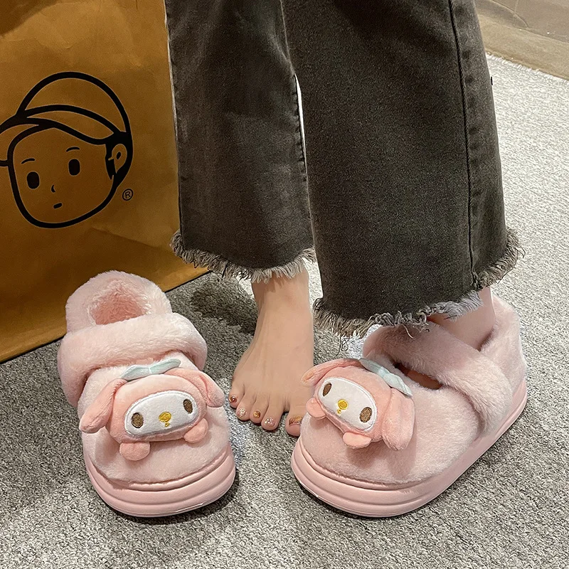 Sanrio Kulomi cute sweet home warm women's shoes Melody cartoon versatile platform plush all-inclusive heel cotton slippers