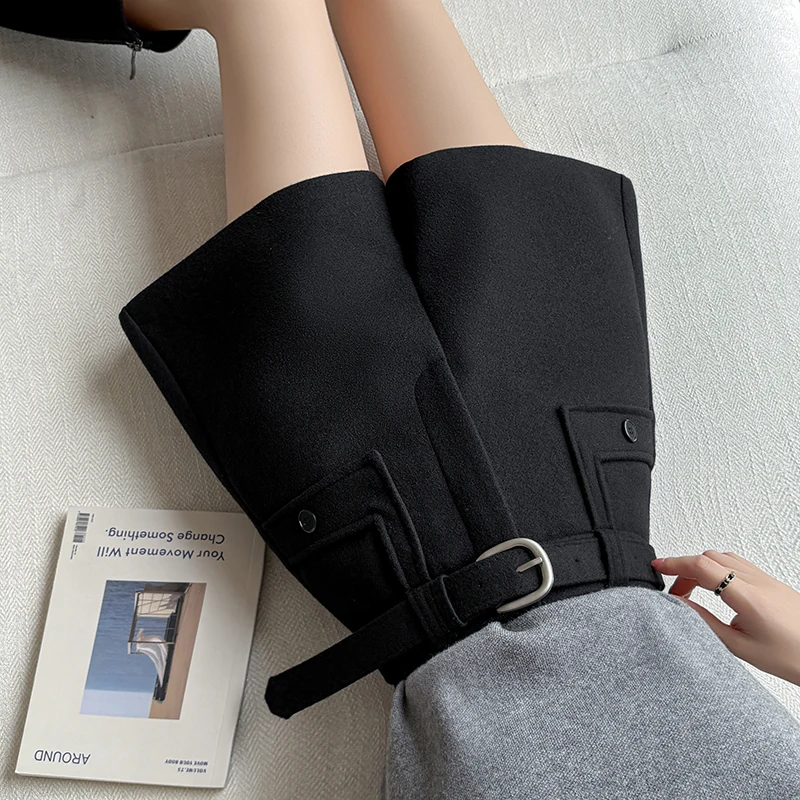 ハイウエストウールショーツ女性シックなポケットデザインルーズ秋冬カレッジヴィンテージストリートウェア女性上品なベーシックブーツパンツ