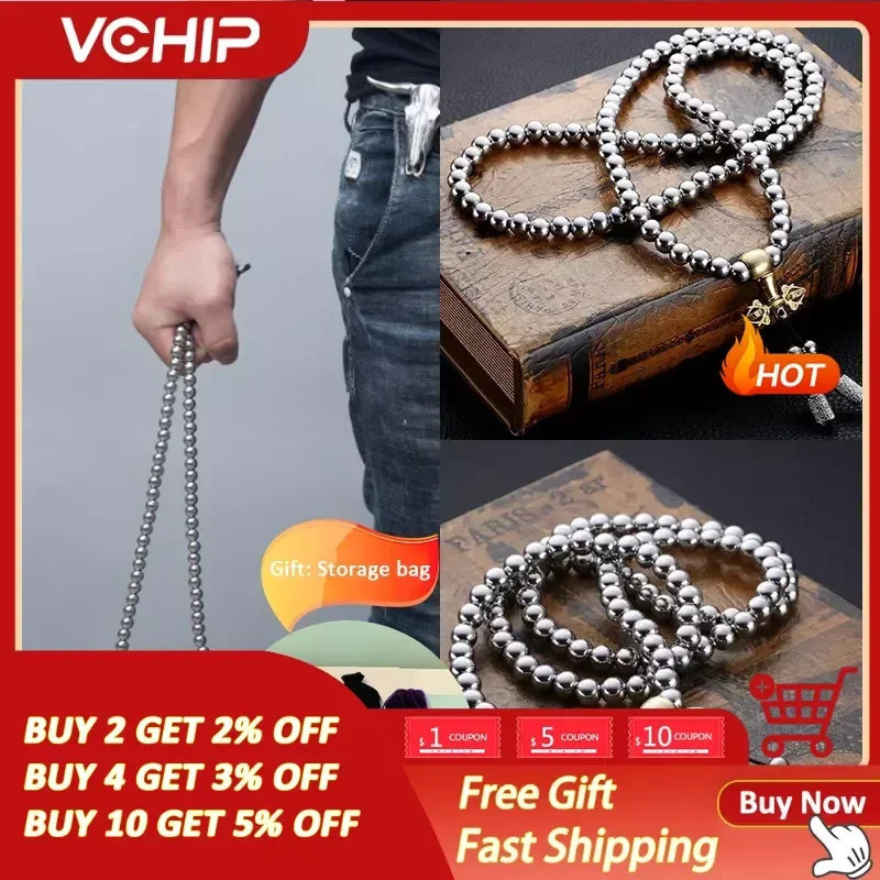 Tactical 10MM Steel Chain Buddha Beads Self Defense Hand Bracelet Necklace EDC Outdoor Tools Self Protection Survival