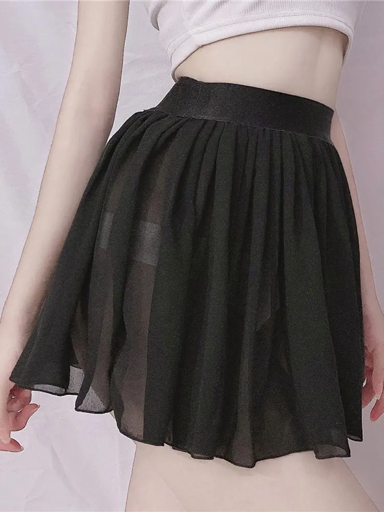 Summer Chiffon Pleated Skirts High Waist A Line Skirts Sheer Transparent Sexy Mini Micro Skirts Breathable Slim Butt Clothing