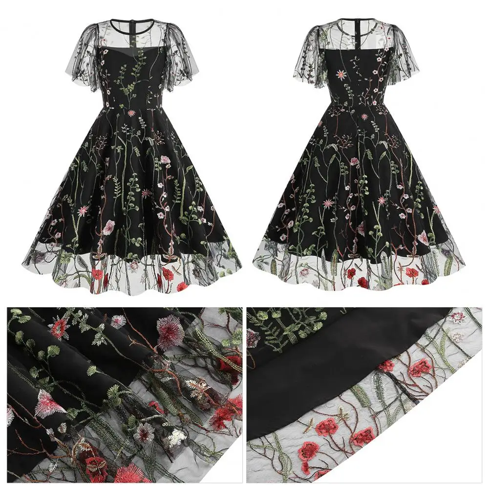 女性の花の刺繍メッシュイブニングドレス、Aラインシルエットのエレガントなドレス、半袖、プロムパーティー、特別なイベント