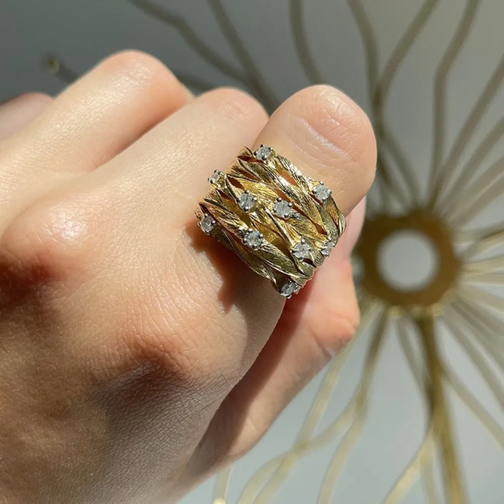 Fashion Luxury Stars Shining 5A Zircon Gold Color Stainless Steel Entwined Vines Multi-layer Wide Rings for Women Finger Jewelry