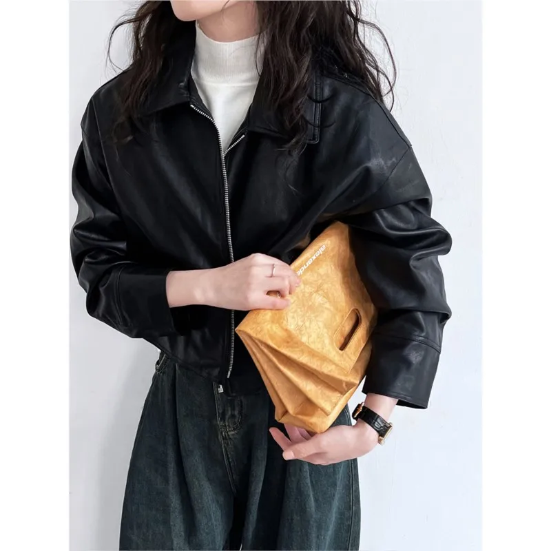 

Johnature Autumn New Lapel Leather Jacket Women PU Leather Jacket Motorcycle Casual Fashion Versatile Jackets