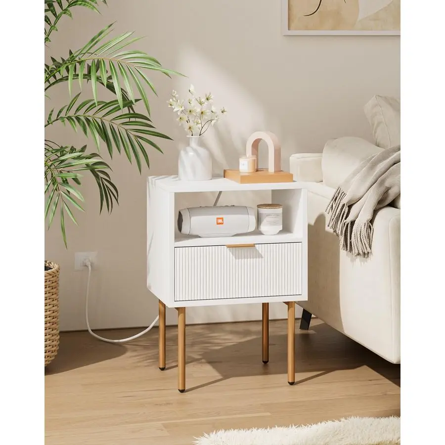 

with Charging Station, Small Side Table, Modern Night Stand with Drawers, Bedside Table for Bedroom, Living Room End Table White