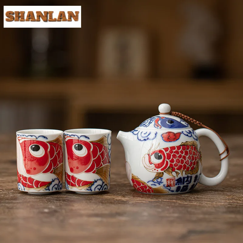 190ml Creative Auspicious Fish Pattern Teapot Small Dragon Egg Pot Tea Set Kit Boutique 1 Pot 2 Cups Tea Maker Organizer Craft