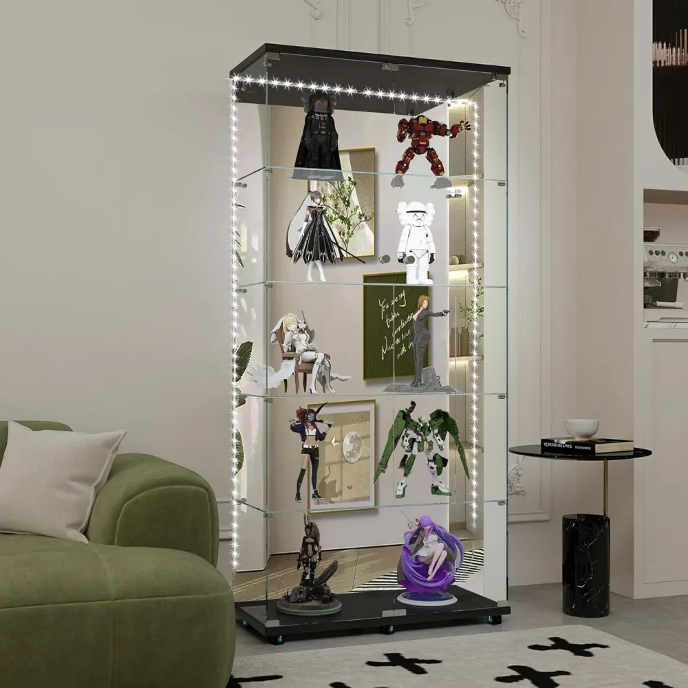Bluetooth LED Lighted 5-Tier Glass Display Cabinet, 2-Door Floor Standing Curio with Universal Wheels