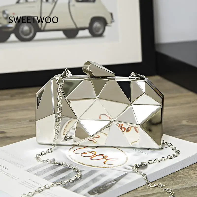 Geometric Triangle Patchwork Hard Case Clutch Bag Detachable Chain Crossbody Evening Handbag for Wedding Party Prom
