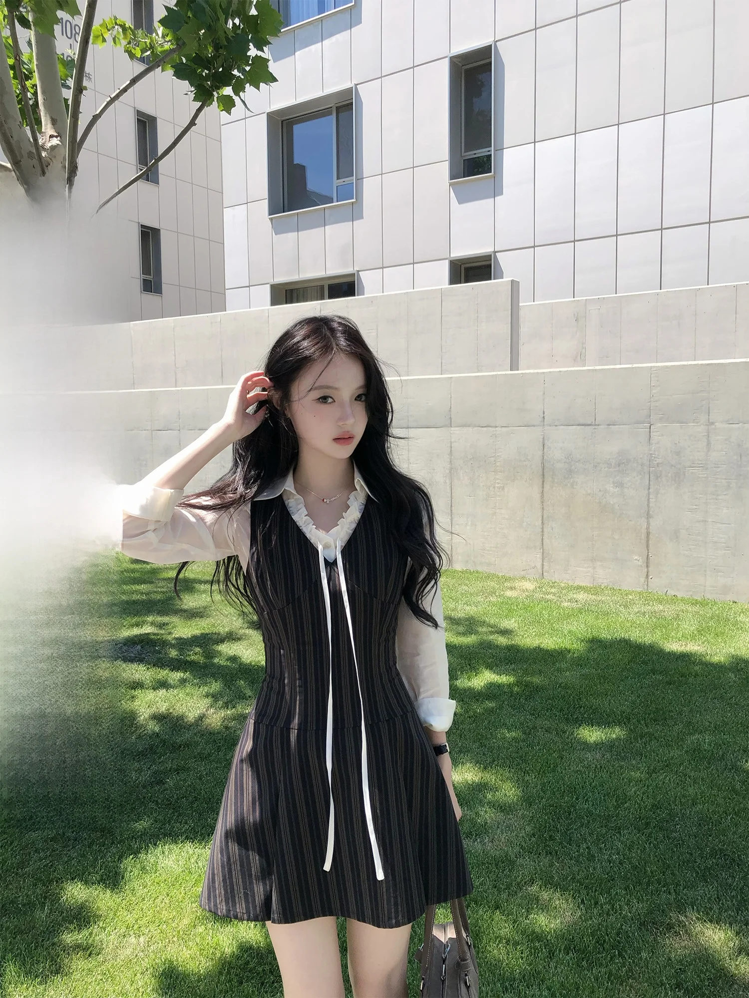 

Neurcz Осенний полосатый жилет V-Ne трапециевидной формы Dr с тонким поясом, длинный комплект из двух предметов Sve irt, женский ансамбль Faion