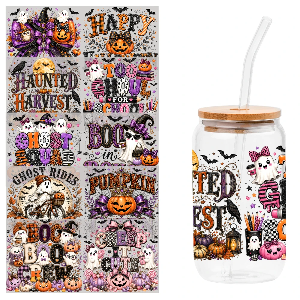 5 Sheets Halloween Themed Sticker Sheet And Matching Tumbler With Straw UV DTF Stickers Glass DTF Transfer Stickers Plastic