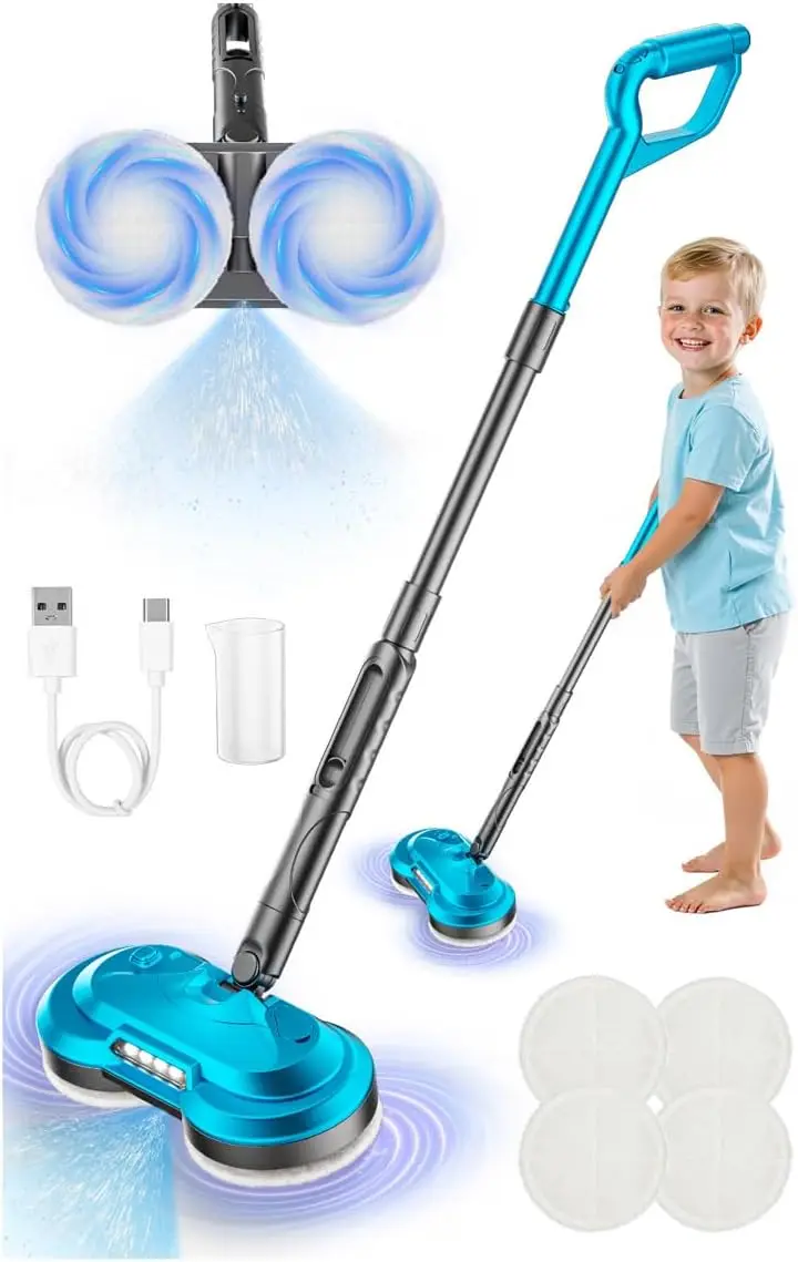 

Rechargeable Electric Spin Mop Toy with Water Spray & LED Light for Kids Ages 3-6, Blue Cleaning Pretend Play Set